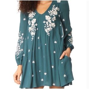 Free people teal embroidered floral boho tunic dress